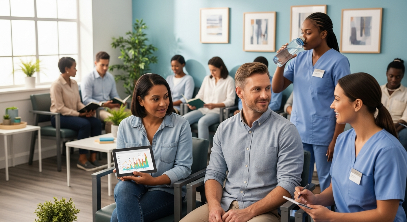 Patients and a doctor discussing health, with one person looking at a tablet showing health data, in a modern, calm clinic setting.